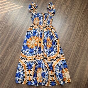 Blue & Orange Floral Smocked Midi Dress